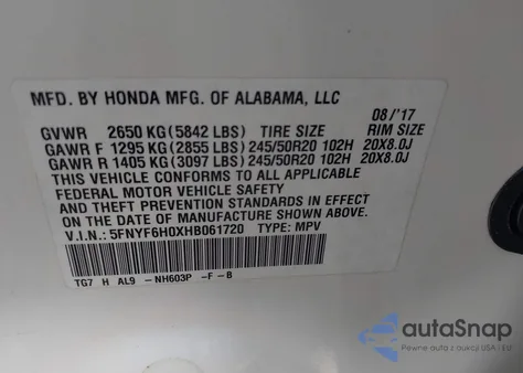 2017 Honda Pilot Elite from USA, damaged, VIN 5FNYF6H0XHB061720